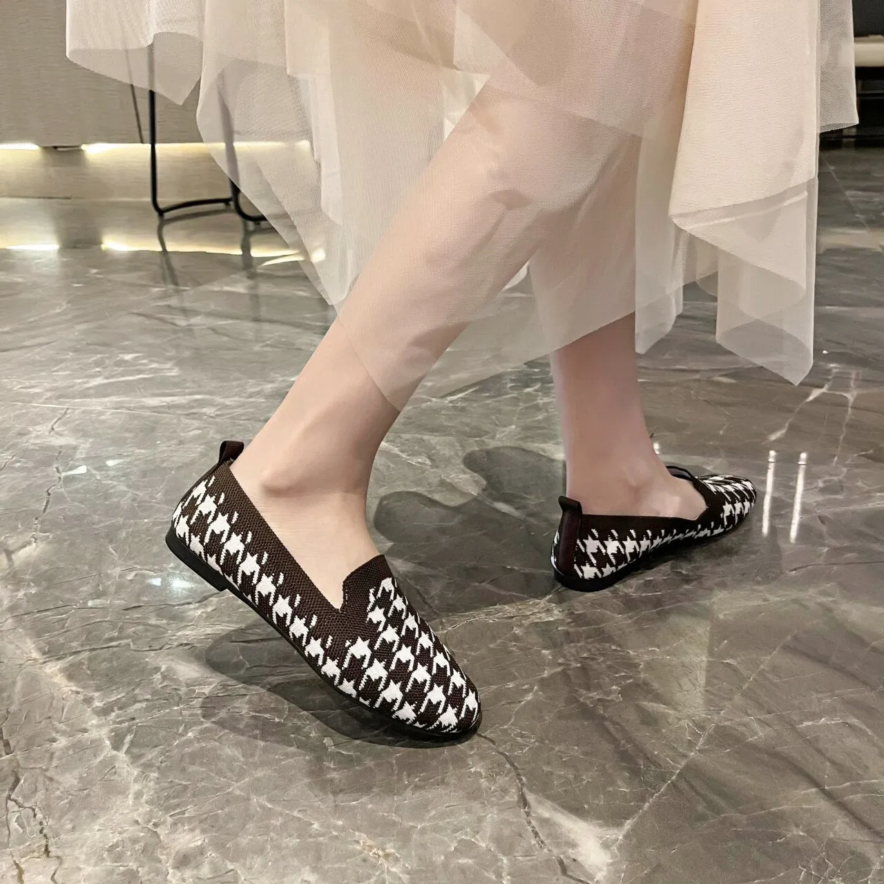 Purpdrank - Woman Loafers Houndstooth Knitted Slip on Shoes Spring Flat Moccasins Ladies Wide Fit Zapatos De Mujer