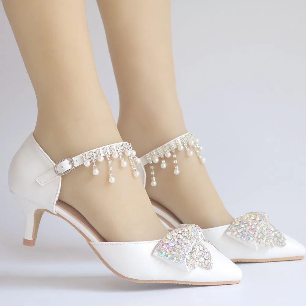 Rhinestine bowknot wedding heels ankle tassels pearls closed toe bridal kitten heels