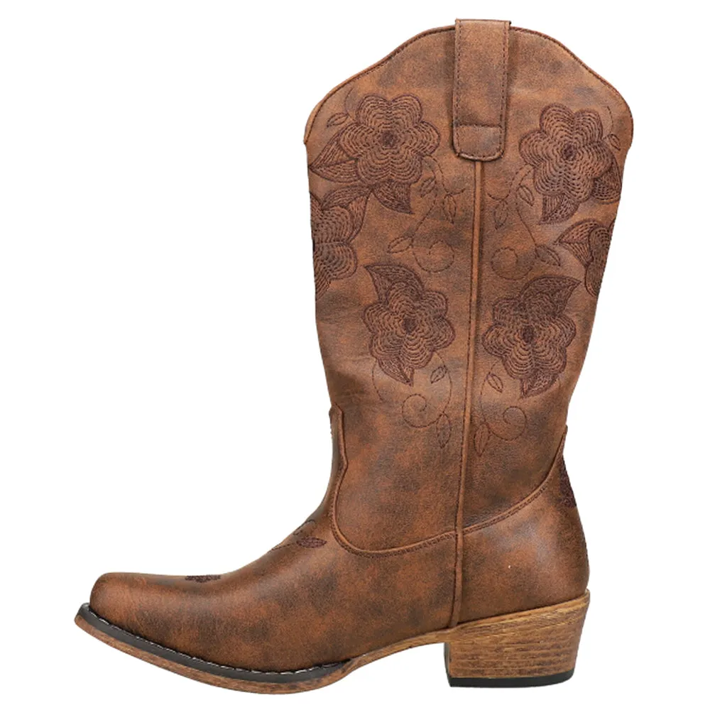 Riley Flowers Embroidered Round Toe Cowboy Boots