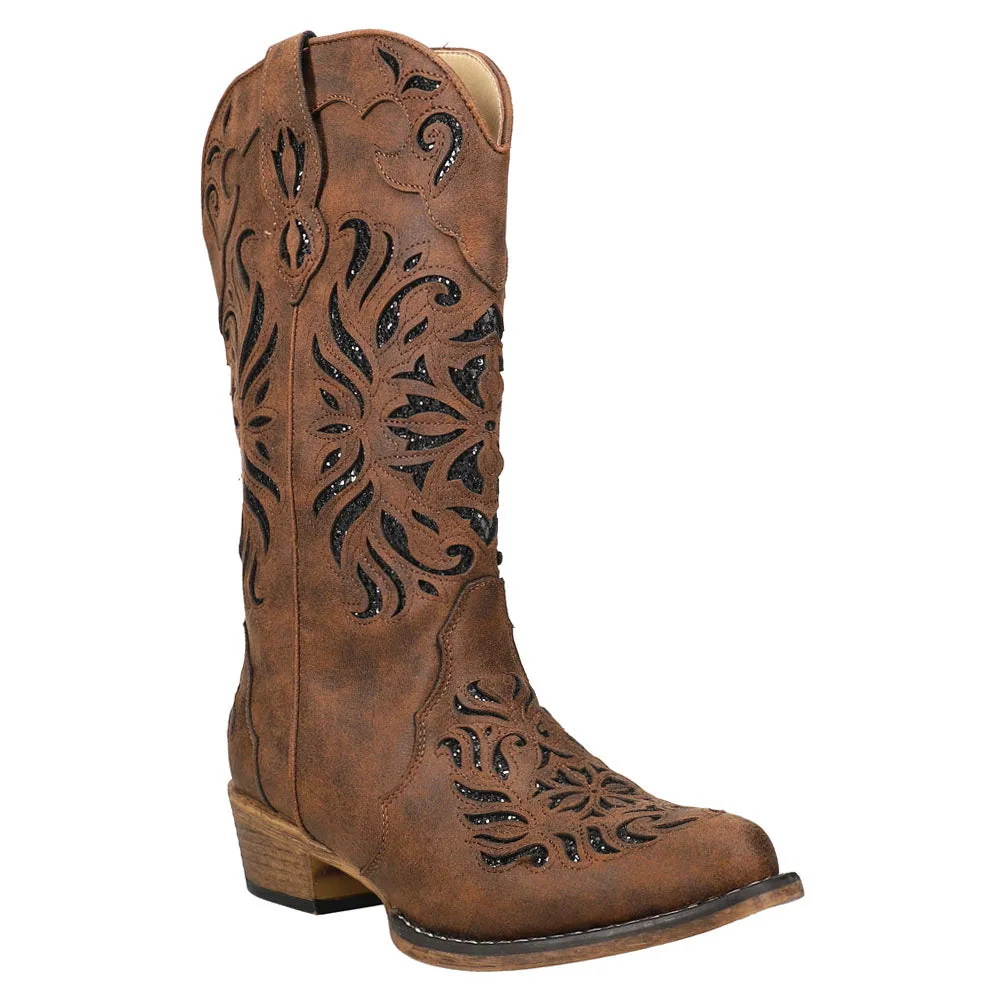 Riley Glitz Tooled-Inlay Snip Toe Cowboy Boots