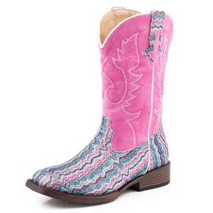 Roper Kid's Pink Chevron Glitter Square Toe Cowboy Boots