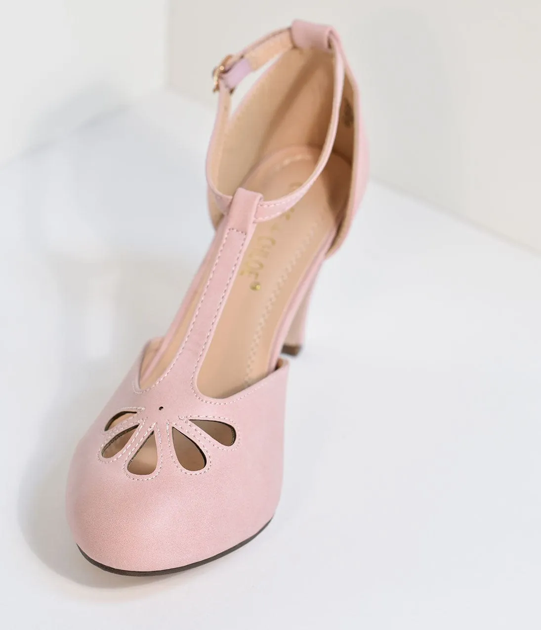 Rose Pink T-Strap Cut Out Kitten Heels