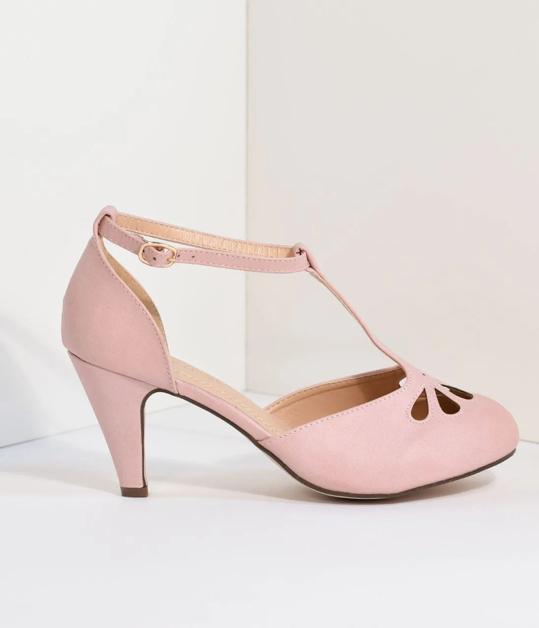 Rose Pink T-Strap Cut Out Kitten Heels