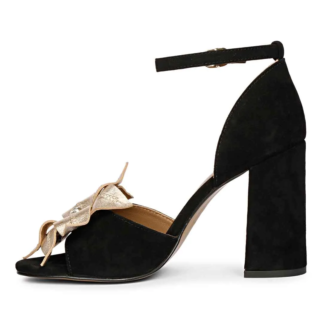 Saint Lilly Gold Flower Embellished Black Leather Block Heel