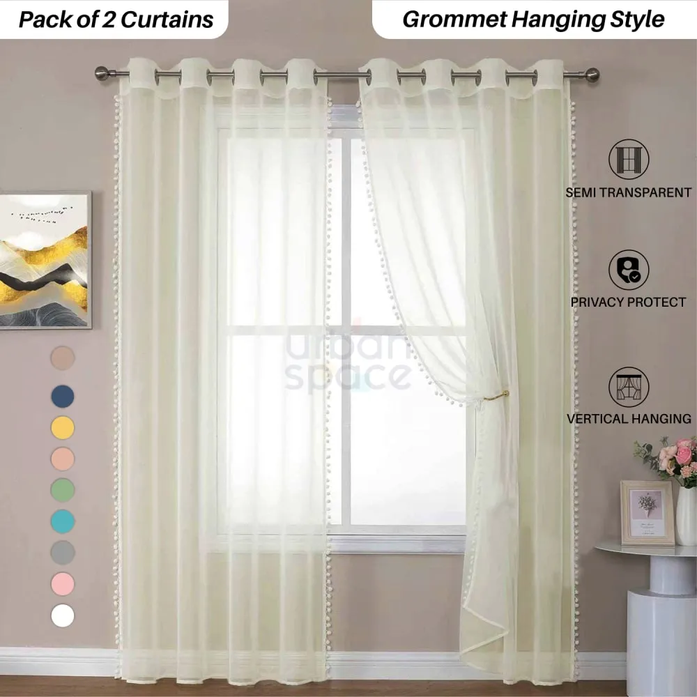 Sheer Curtain for Living Room with linen texture, Net Curtain for balcony, Pack of 2 Curtains -Butter cream with pom pom