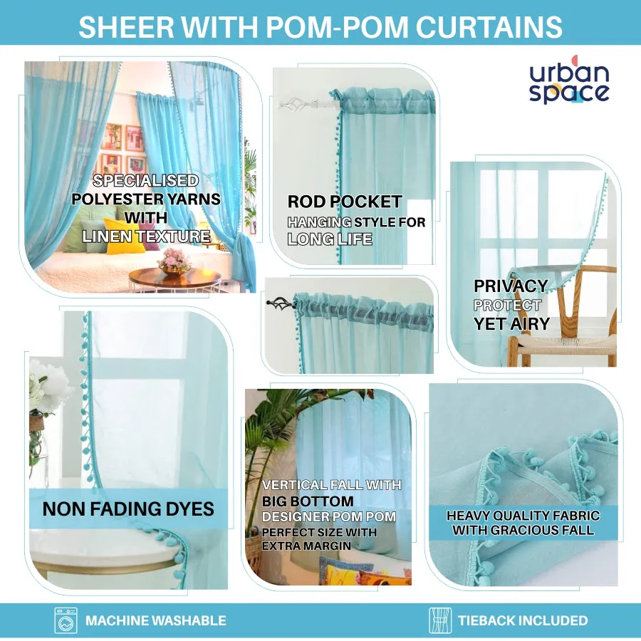 Sheer Curtain for Living Room with linen texture, Net Curtain for balcony, Pack of 2 Curtains - Silver with pom pom