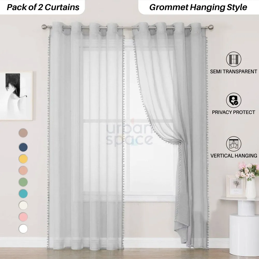 Sheer Curtain for Living Room with linen texture, Net Curtain for balcony, Pack of 2 Curtains - Silver with pom pom