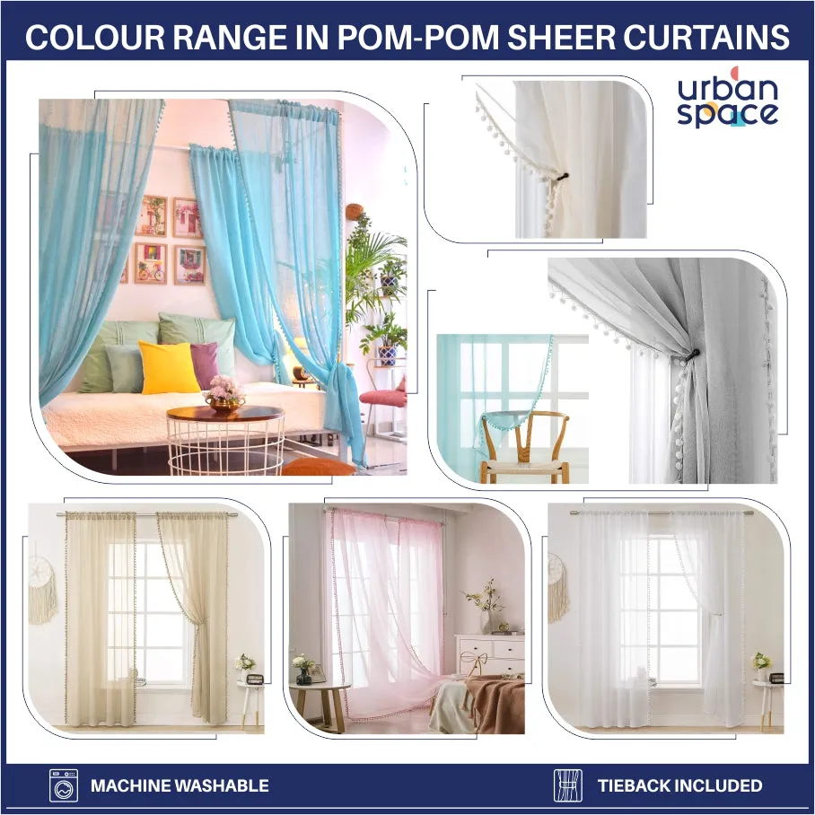 Sheer Curtain for Living Room with linen texture, Net Curtain for balcony, Pack of 2 Curtains - Silver with pom pom