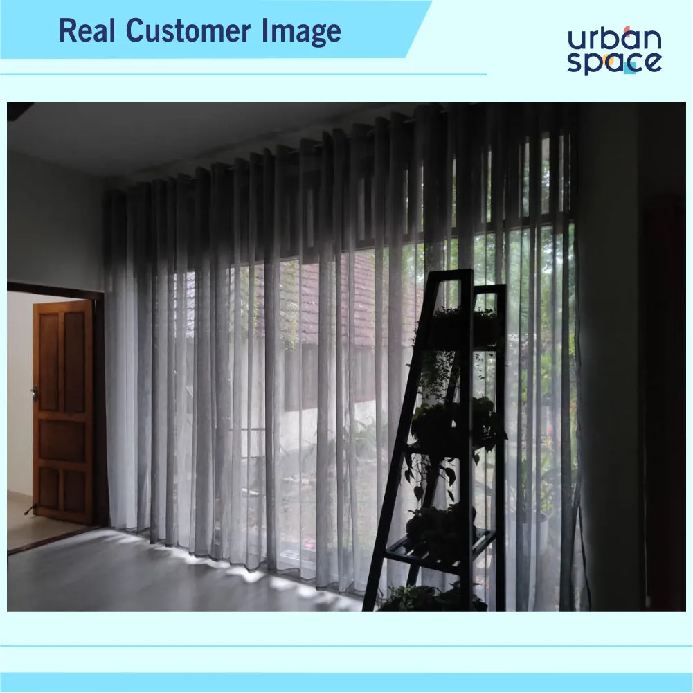 Sheer Curtain for Living Room with linen texture, Net Curtain for balcony, Pack of 2 Curtains - Silver with pom pom