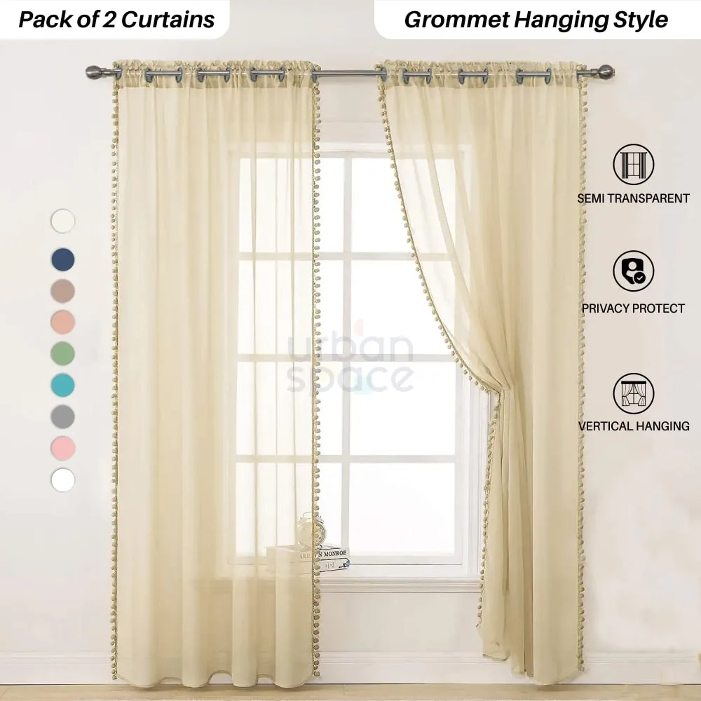 Sheer Curtain for Living Room with linen texture, Net Curtain for balcony, Pack of 2 Curtains - Taupe with pom pom