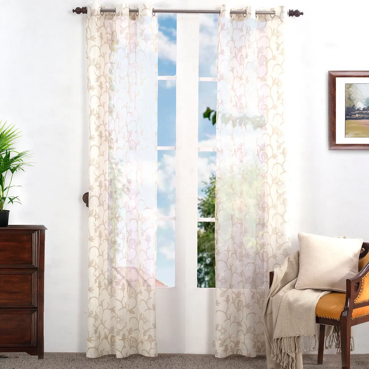 Sicilian Stripe Solid 2PC Beige Curtain Set