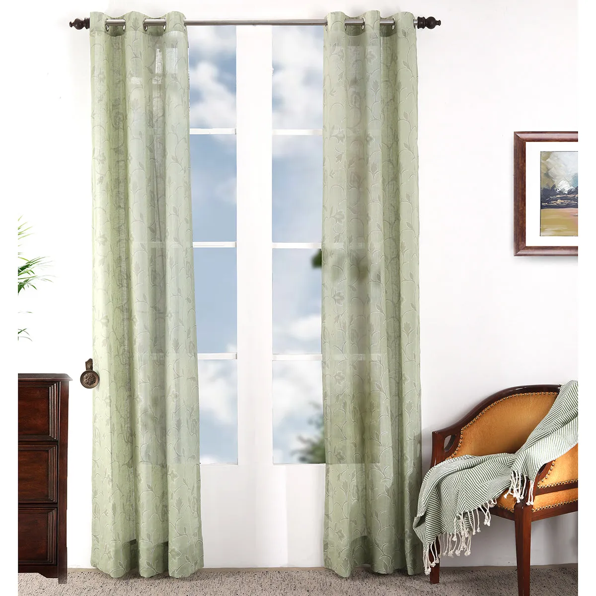 Sicilian Stripe Solid 2PC Green Curtain Set