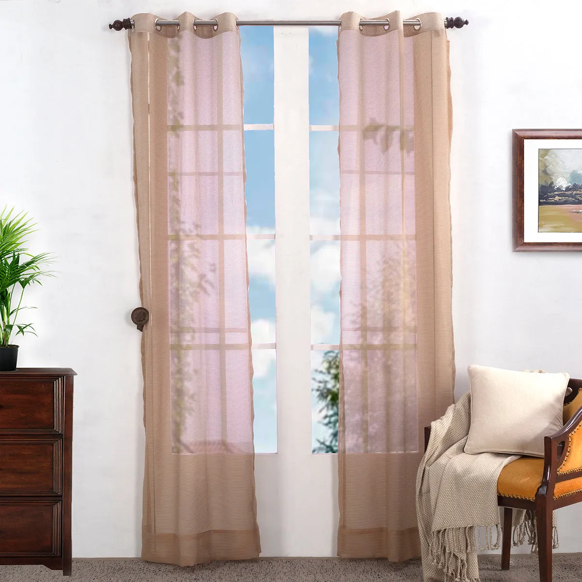 Sight Stripe Solid 2PC Beige Curtain Set