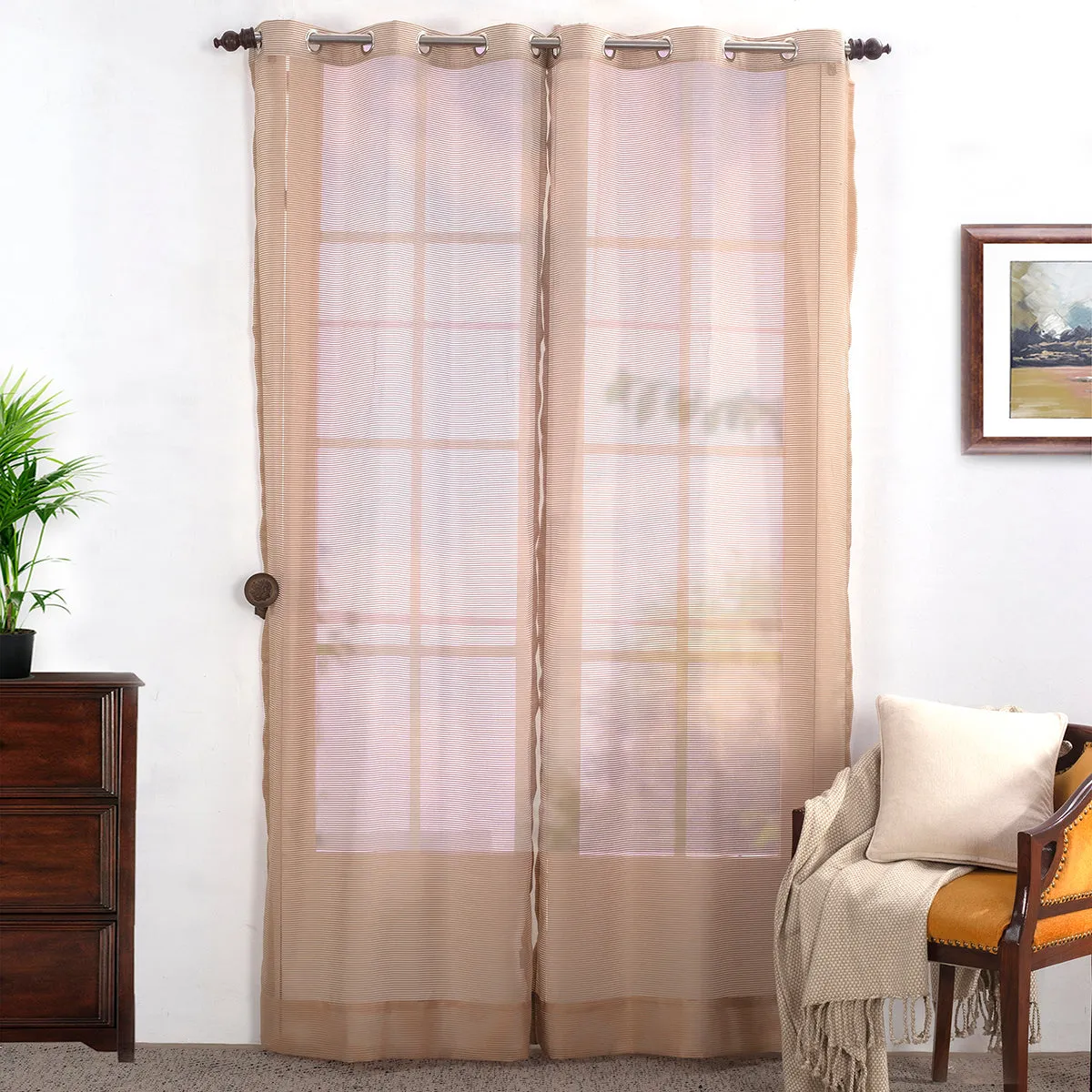 Sight Stripe Solid 2PC Beige Curtain Set