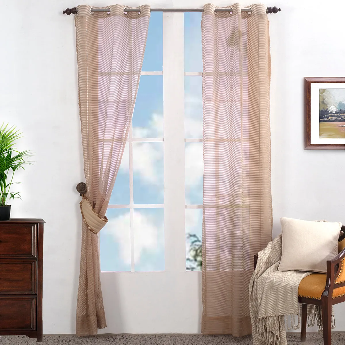 Sight Stripe Solid 2PC Beige Curtain Set