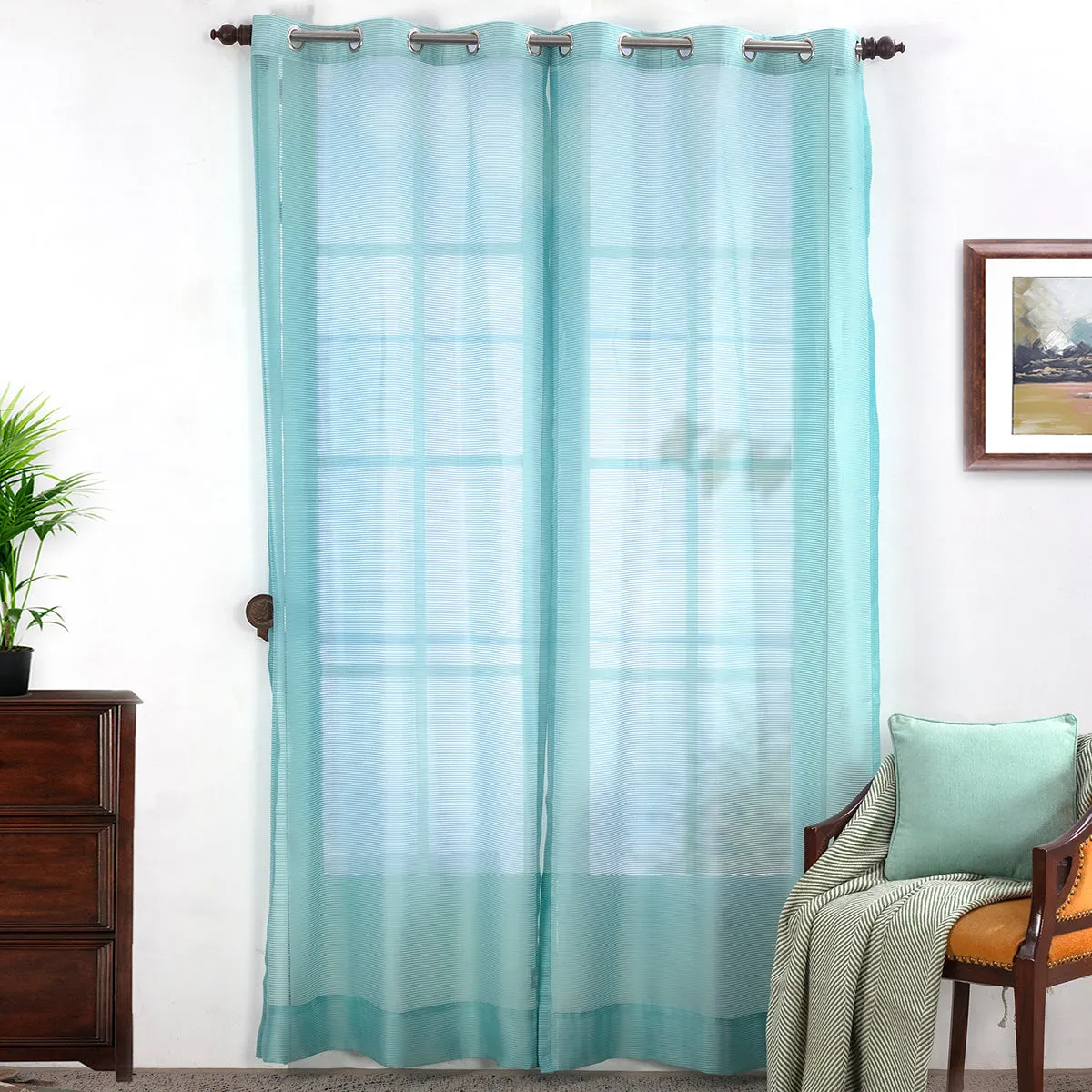 Sight Stripe Solid 2PC Blue Curtain Set