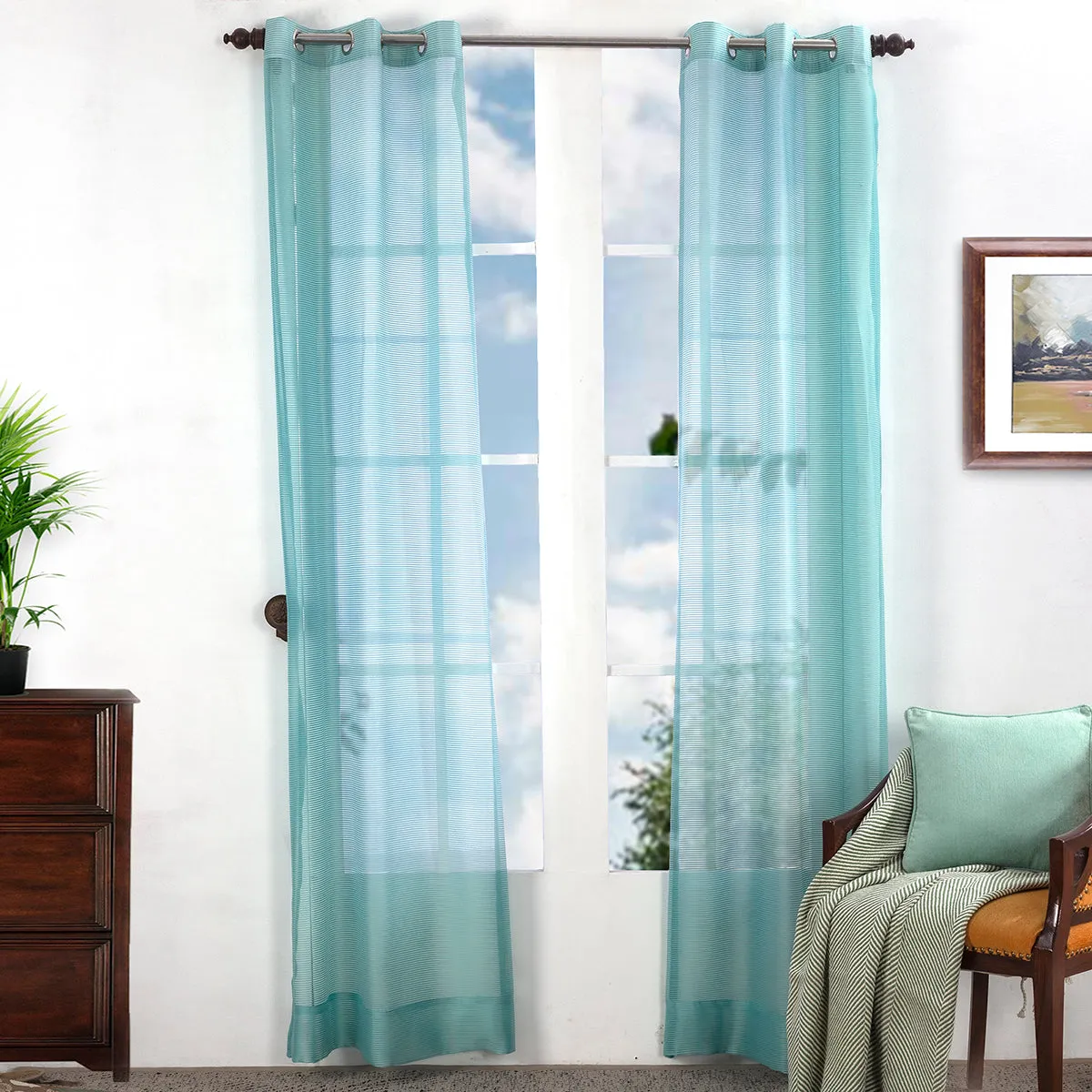 Sight Stripe Solid 2PC Blue Curtain Set