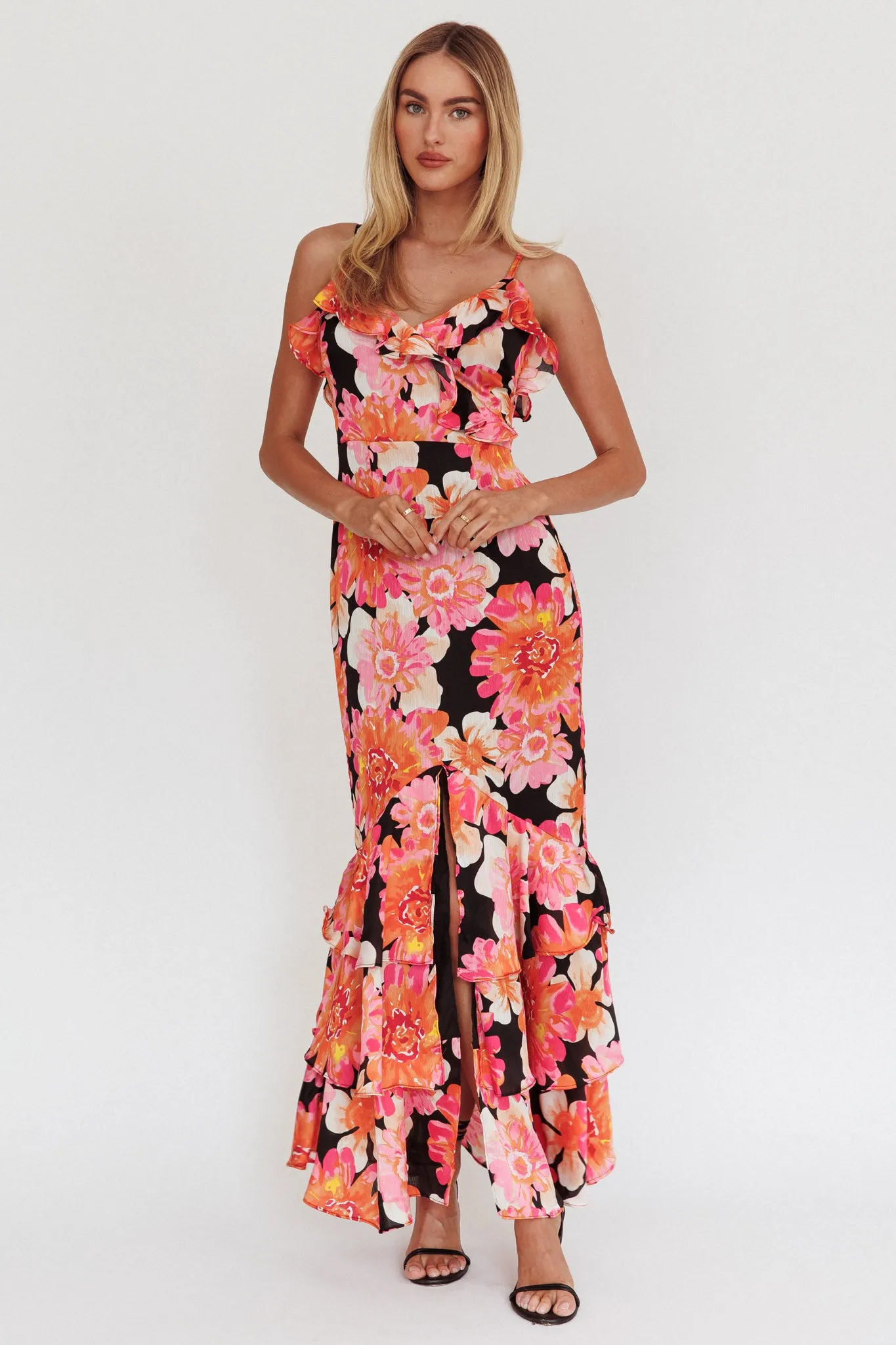 Silvana Frill Trim Maxi Dress Black/Pink