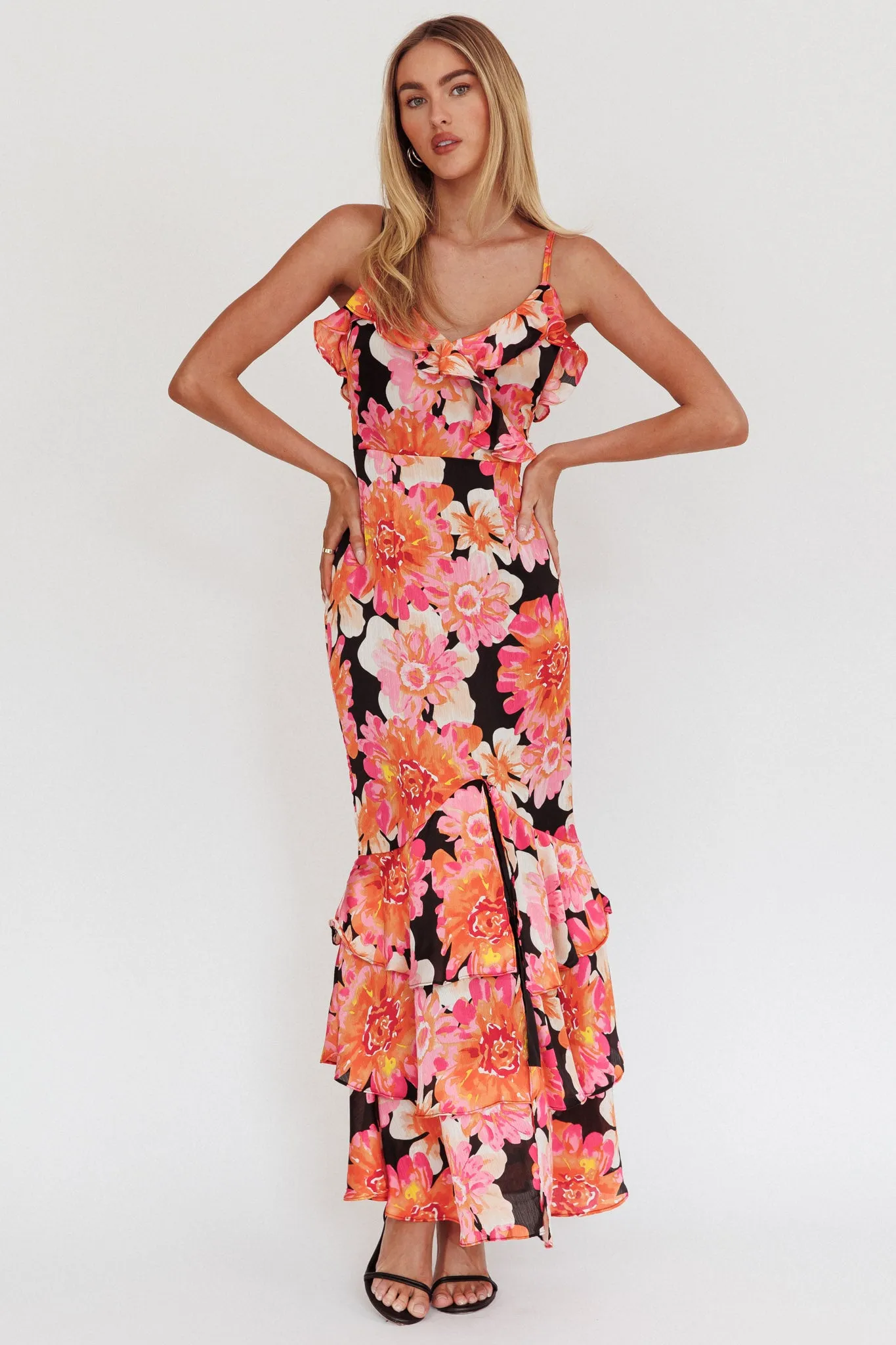 Silvana Frill Trim Maxi Dress Black/Pink