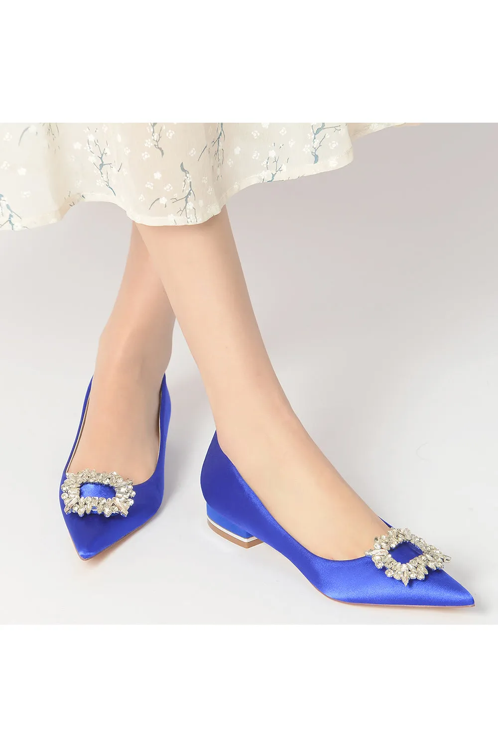 Simple Pointed Toe Satin Kitten Heels With Beading