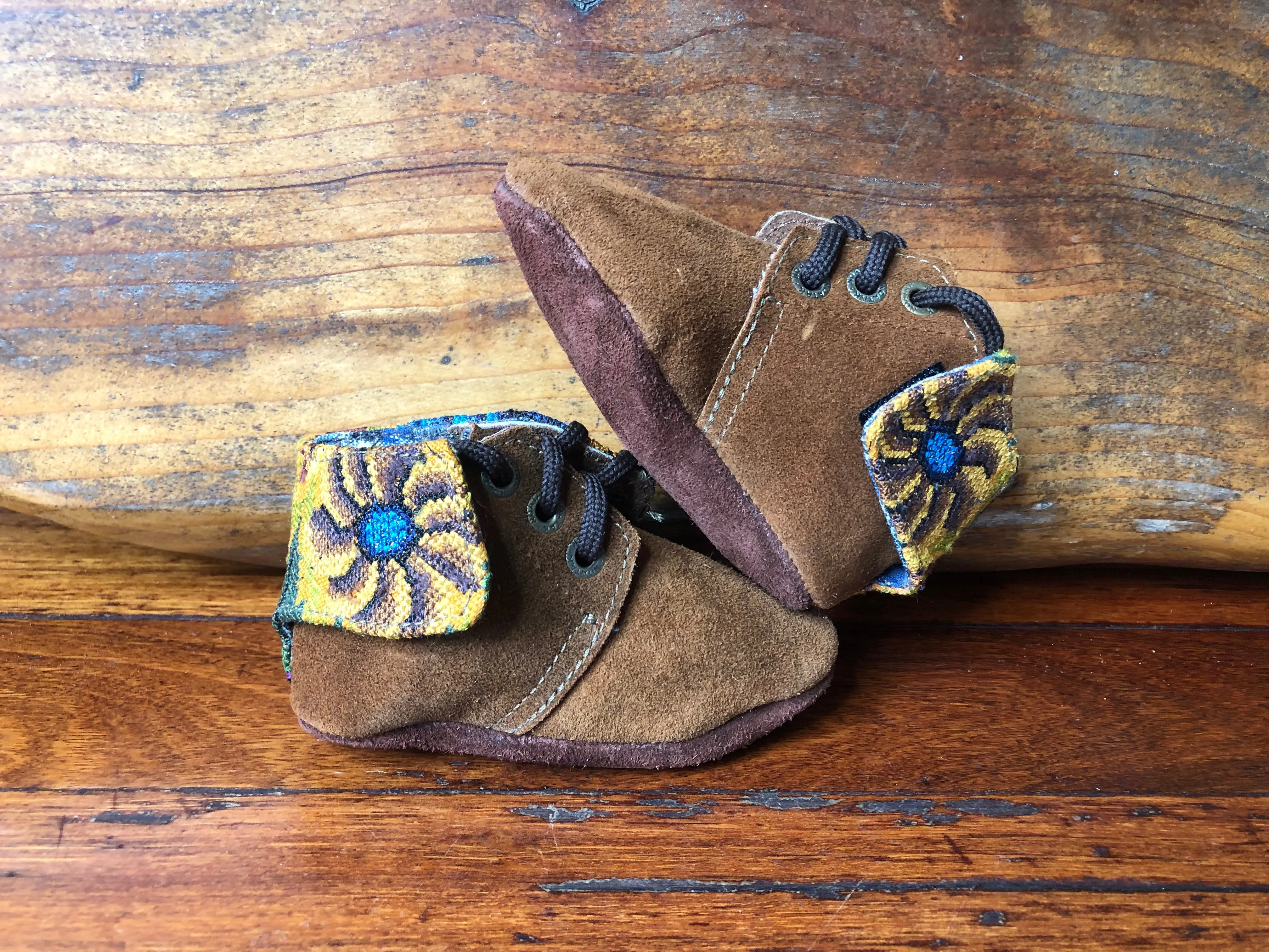 Size 19 Baby Moccasins - Brown with Mustard Flowers