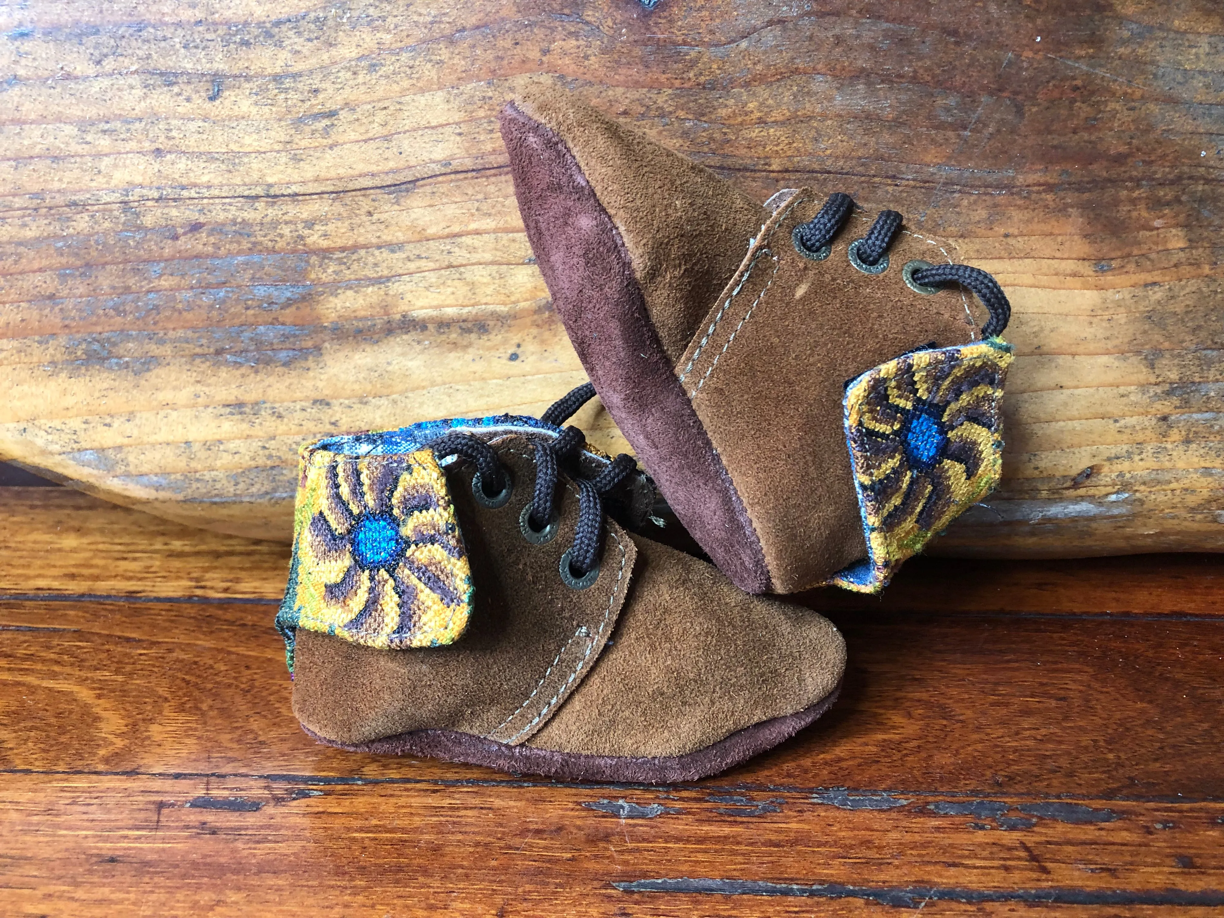 Size 19 Baby Moccasins - Brown with Mustard Flowers