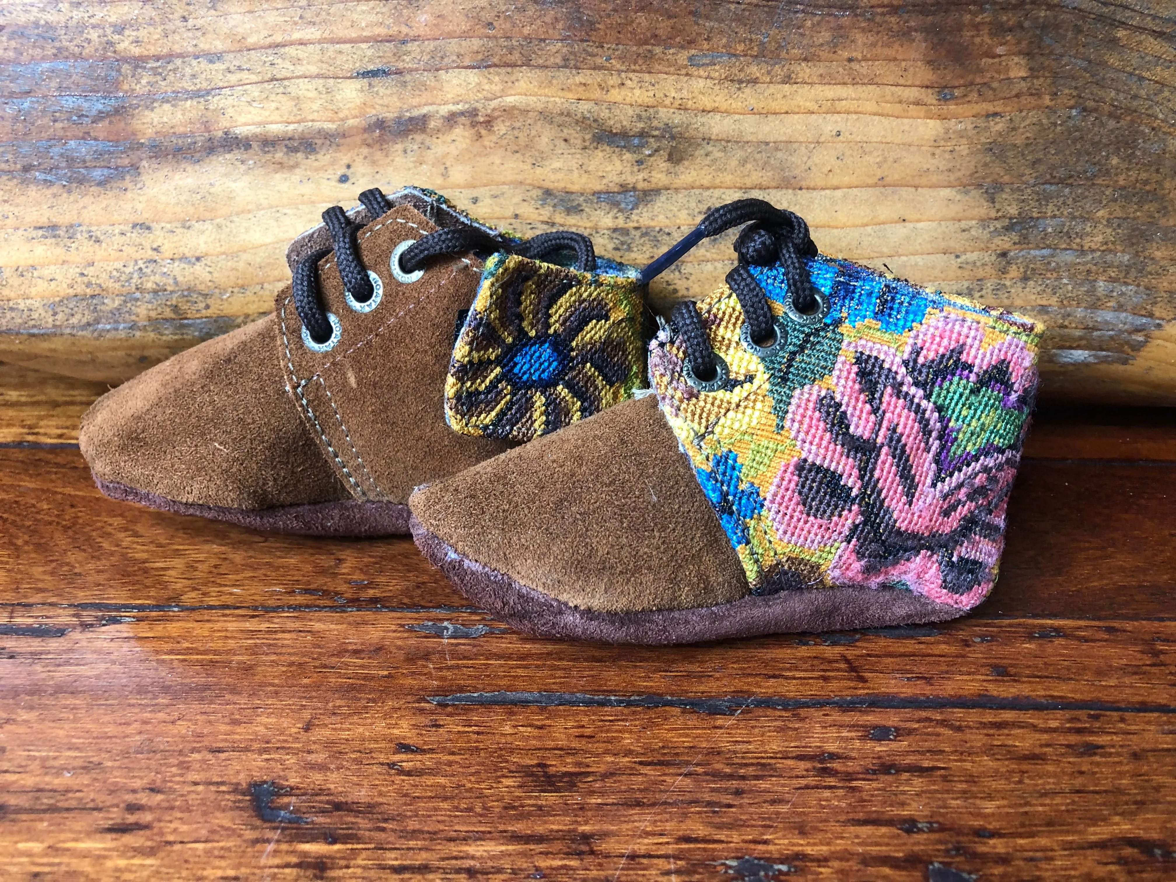 Size 19 Baby Moccasins - Brown with Mustard Flowers