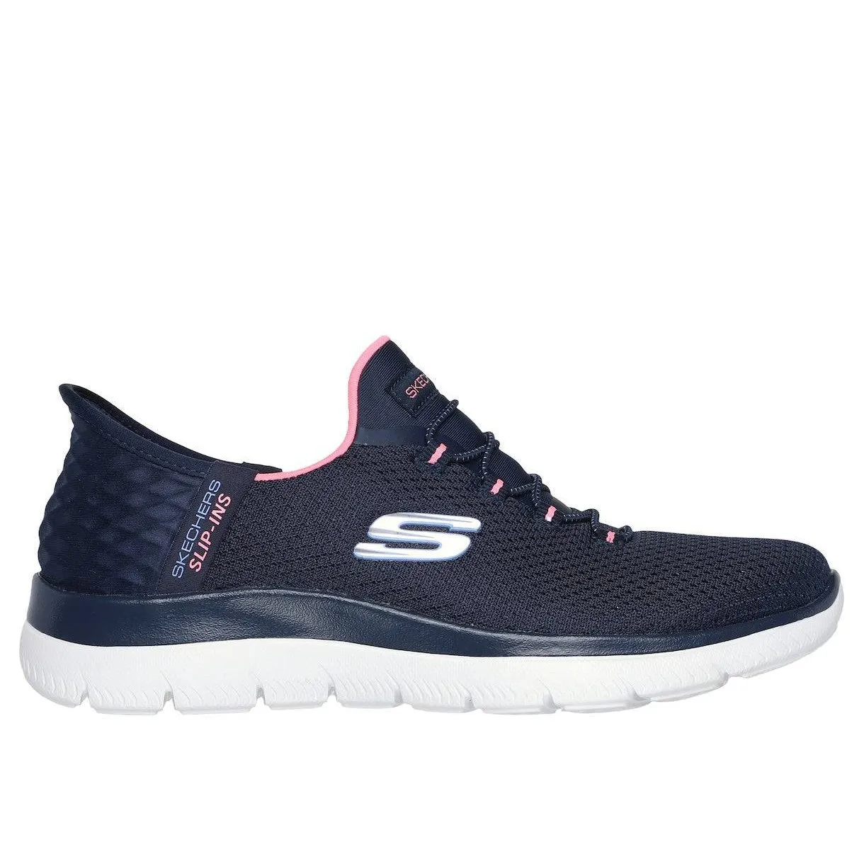 Skechers 150123 Summits-Diamond Dream Slip Ins Ladies Navy Pink Textile Vegan Slip On Trainers