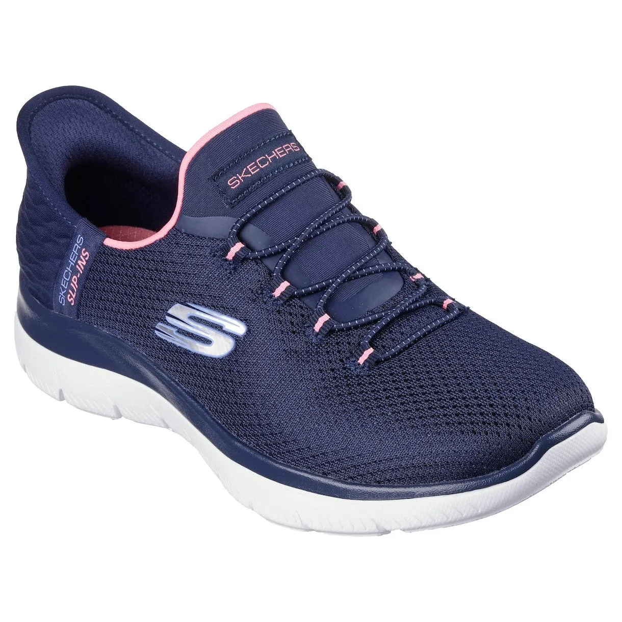 Skechers 150123 Summits-Diamond Dream Slip Ins Ladies Navy Pink Textile Vegan Slip On Trainers