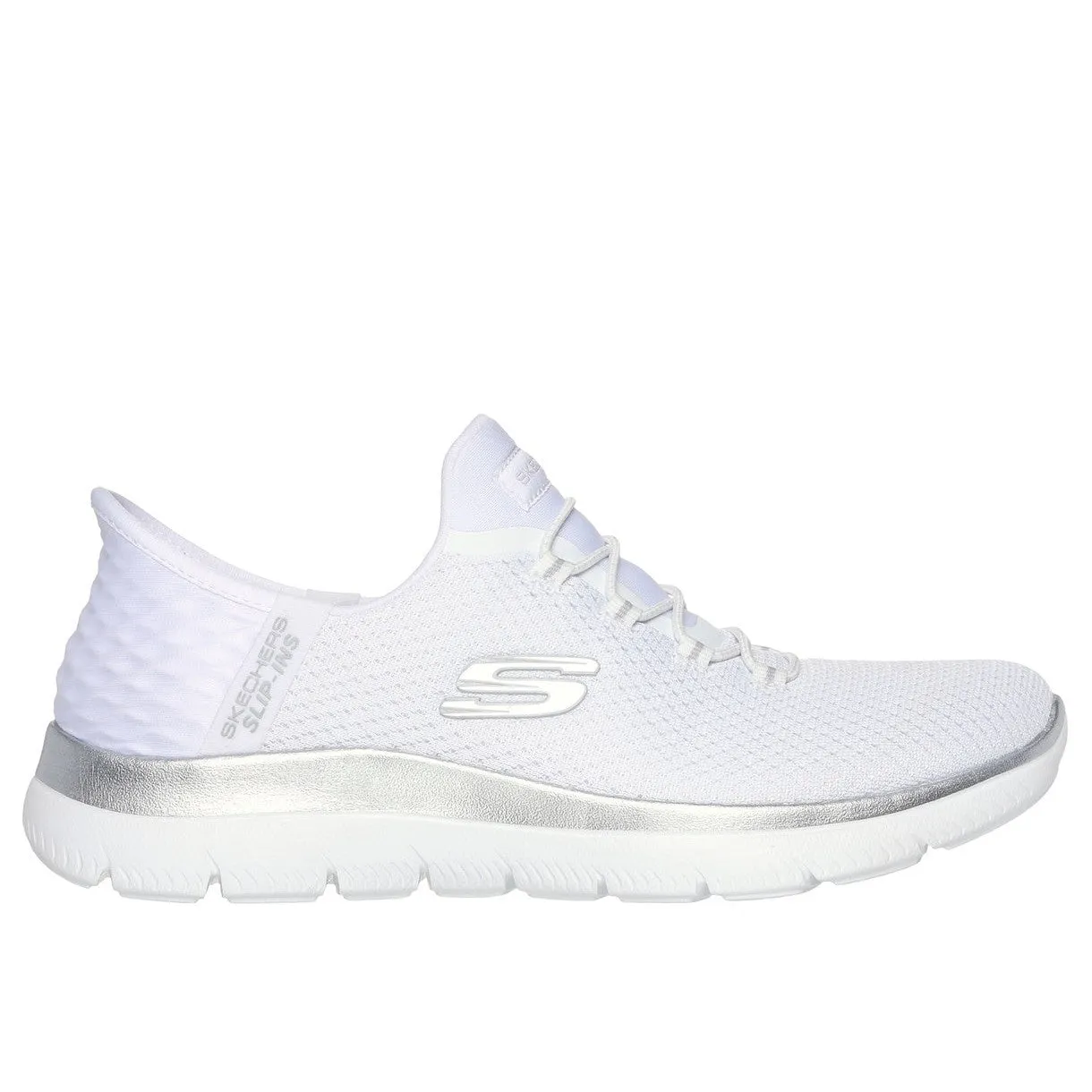 Skechers 150123 Summits-Diamond Dream Slip Ins Ladies White Silver Textile Vegan Slip On Trainers