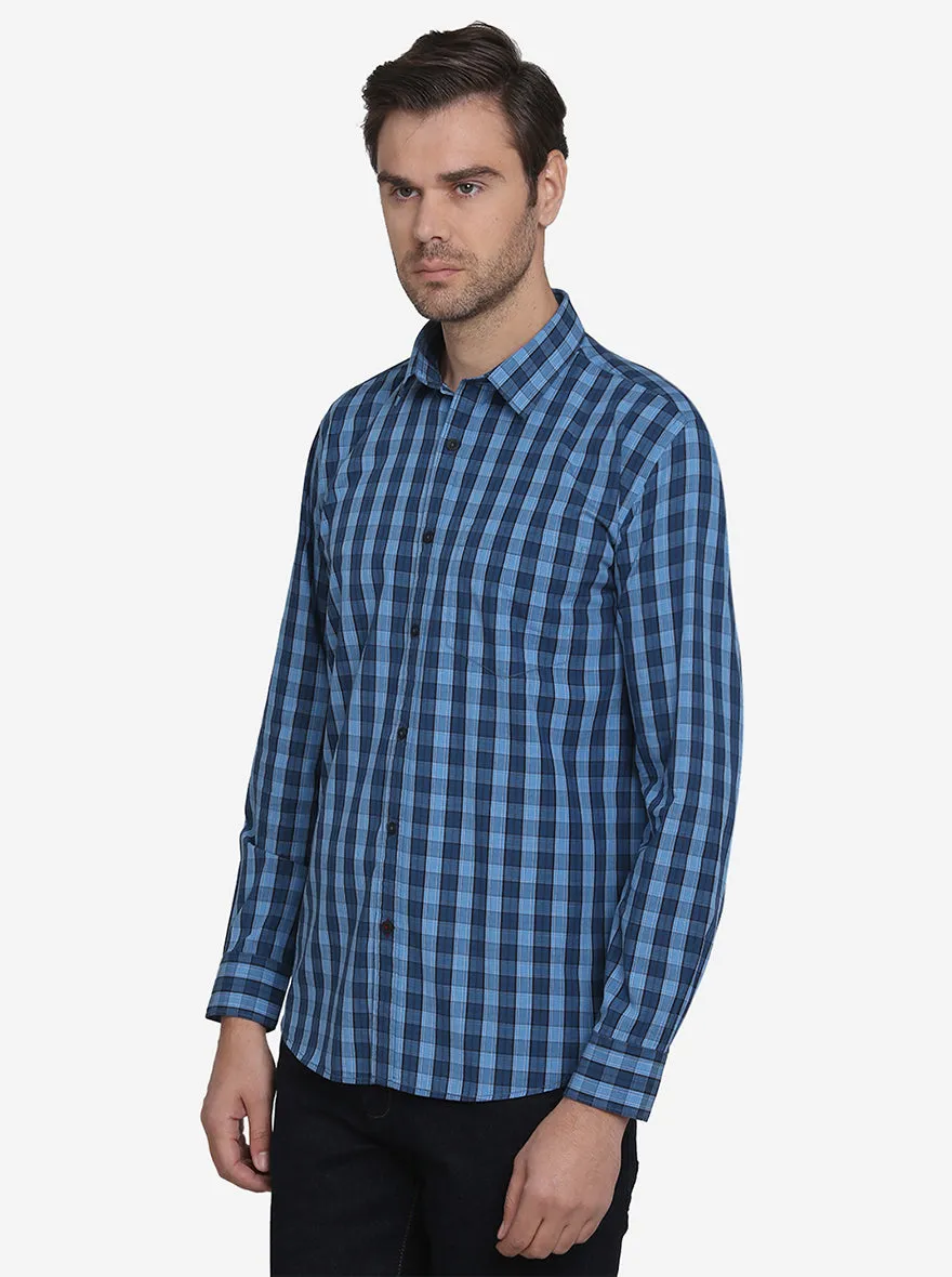 Sky Blue & Dark Blue Checked Regular Fit Casual Shirt  | Greenfibre