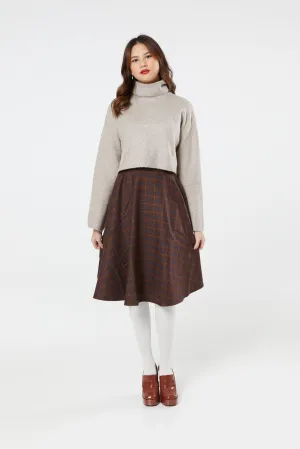 Sophie Blue & Brown Woollen Check Tartan Midi Swing Skirt