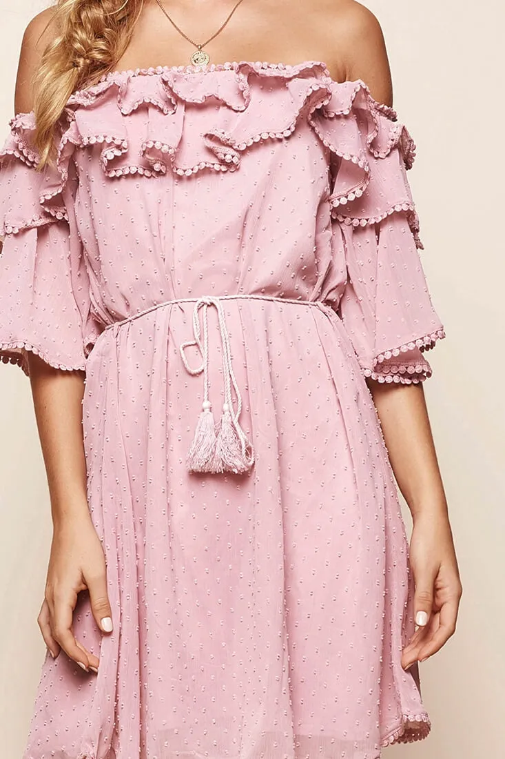 Springtime Hail Spot Chiffon Off Shoulder Dress Blush