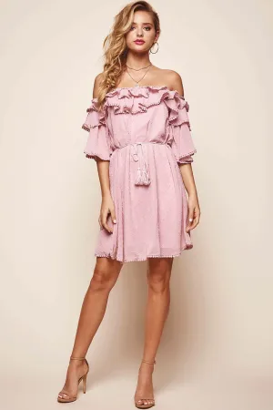 Springtime Hail Spot Chiffon Off Shoulder Dress Blush