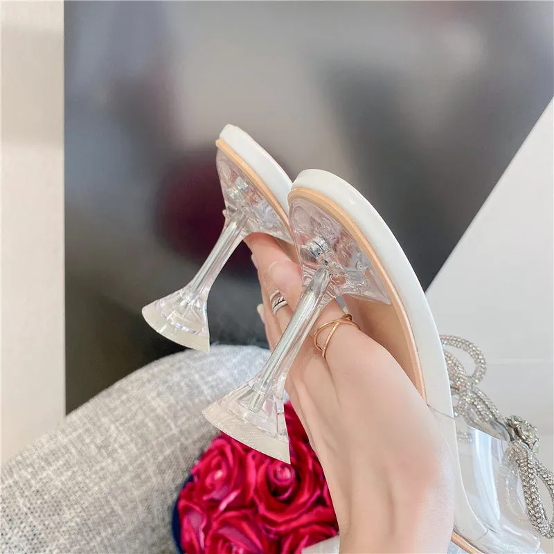 Summer Clear Rhinestone Bow Kitten Heels