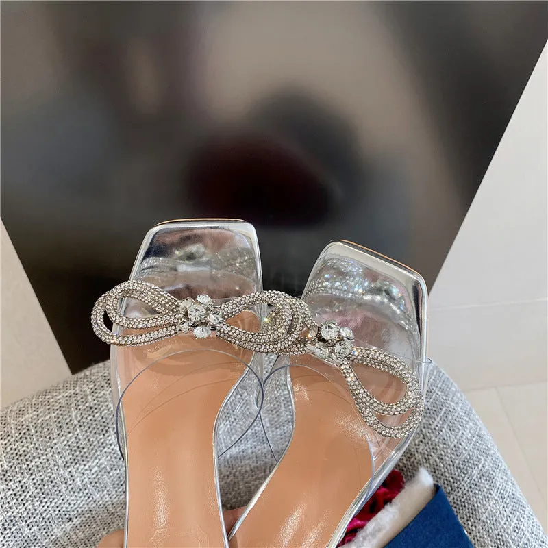 Summer Clear Rhinestone Bow Kitten Heels