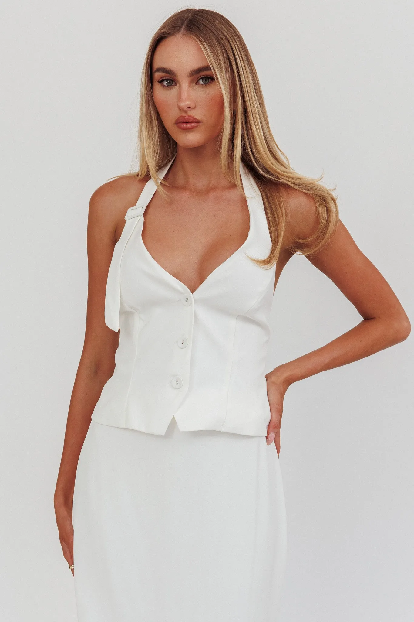 Tammi Halter Buckle Vest Top Off White