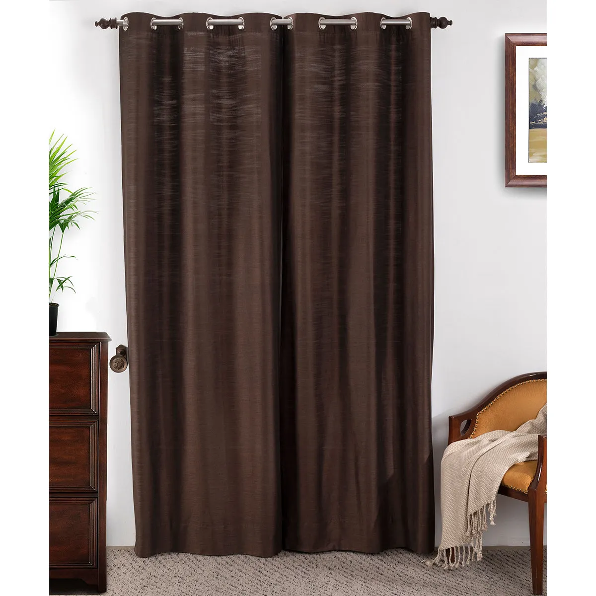 Tewly Tex Solid 2PC Brown Curtain Set