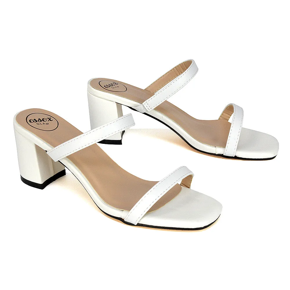 Tiff Double Strap Square Toe Slip On Low Mid Block High Heel Mule Sandals in White