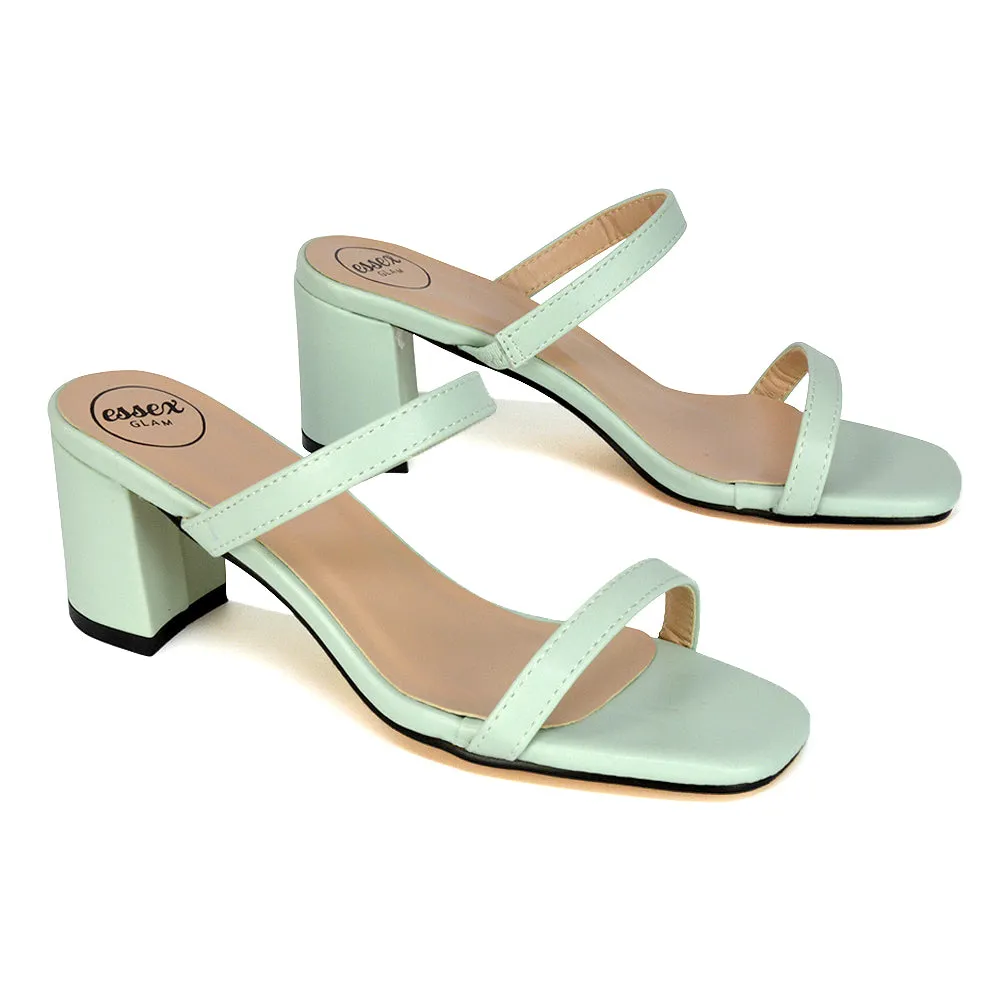 Tiff Double Strap Square Toe Slip On Low Mid Block High Heel Mule Sandals in White