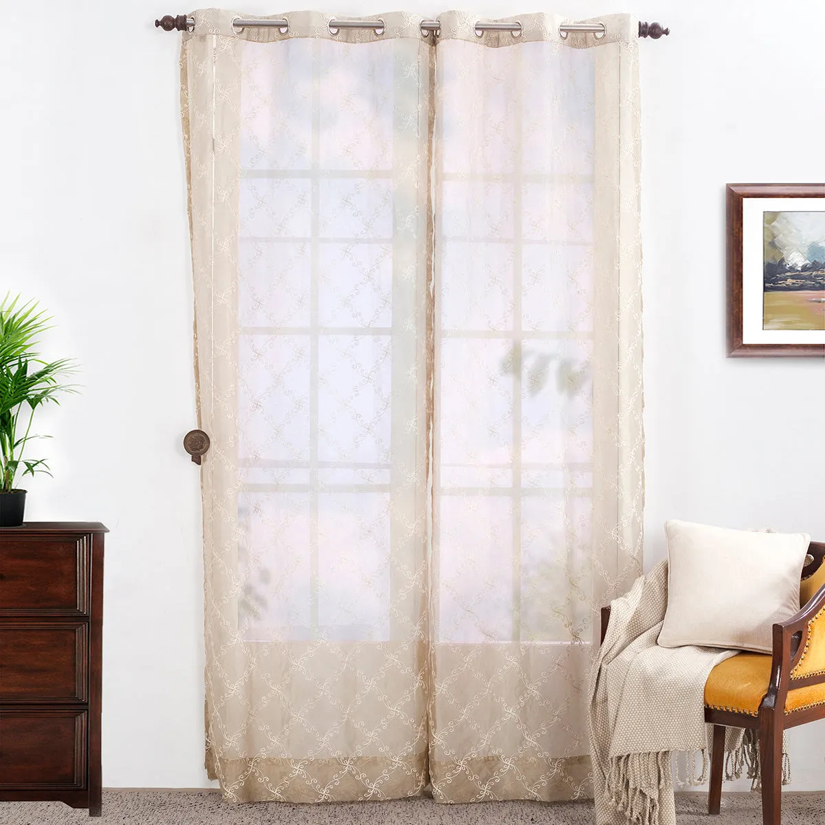 Tranquil Vine Textured 2PC Beige Curtain Set