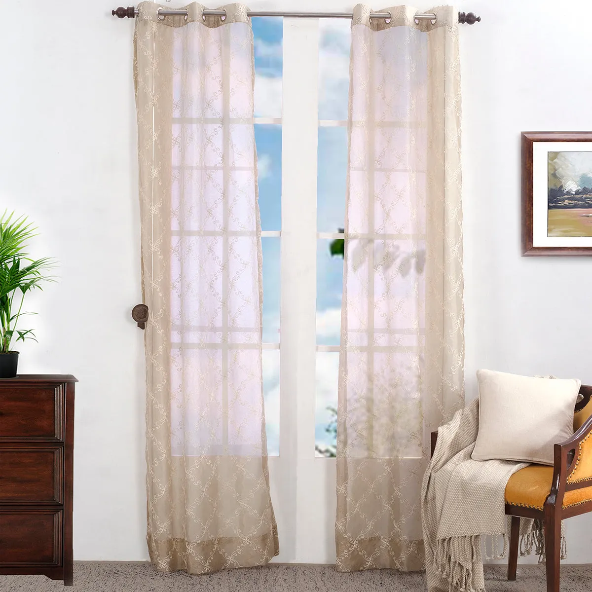 Tranquil Vine Textured 2PC Beige Curtain Set