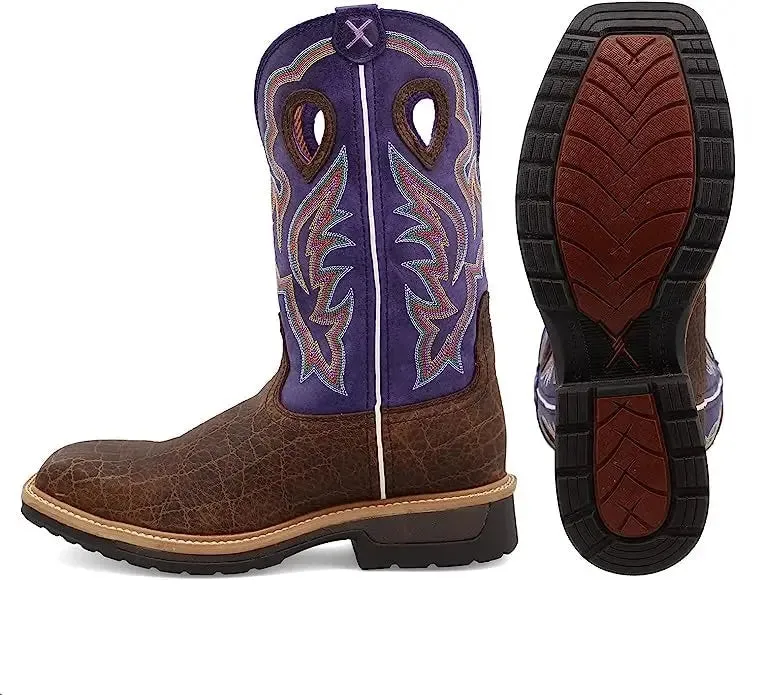 TWISTED X - Men's 12" Alloy Toe Lite Western Work Boot, Brown & Purple