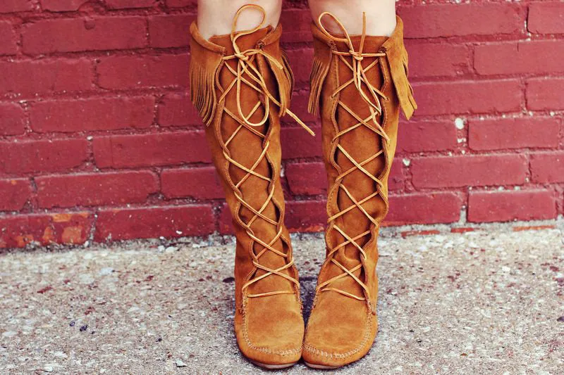 Vintage Moccasin Boots Size 8.5 Brown Leather Knee High Boots Fringe Womens Sz. 8 1/2