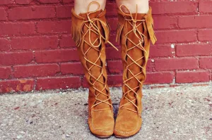 Vintage Moccasin Boots Size 8.5 Brown Leather Knee High Boots Fringe Womens Sz. 8 1/2